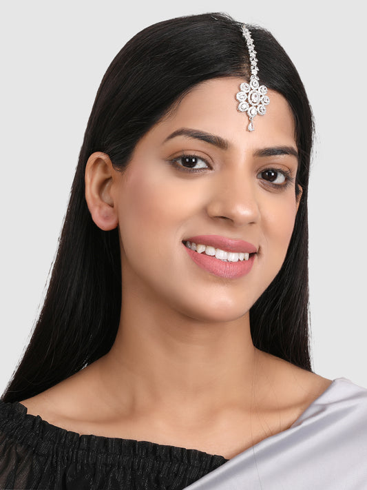 Silver-Plated White AD-Studded Handcrafted Maang Tikka
