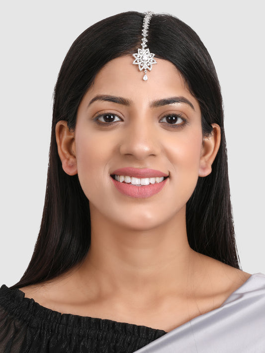 Silver Plated Silver AD Studded Floral Shape Maangtika