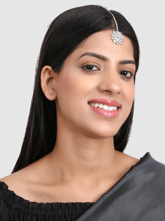 Silver-Plated White AD-Studded Handcrafted Maang Tikka