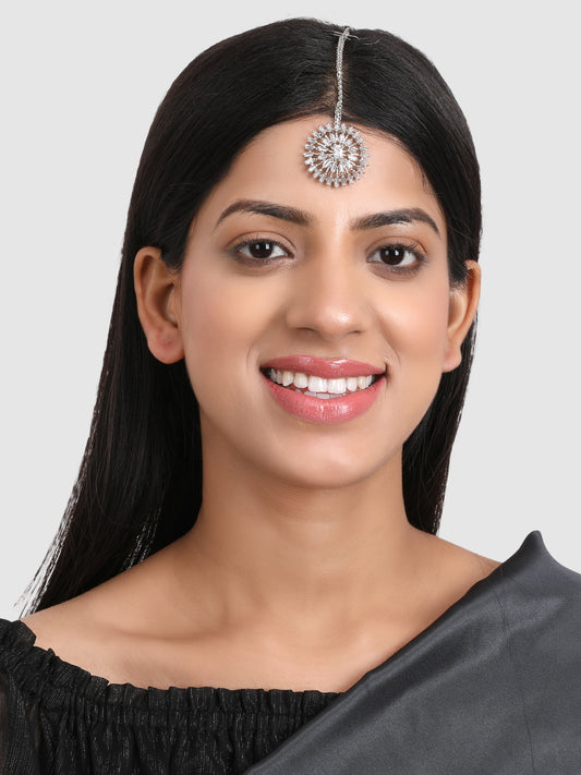 Silver-Plated American Diamond Studded Maangtikka Head Jewellery