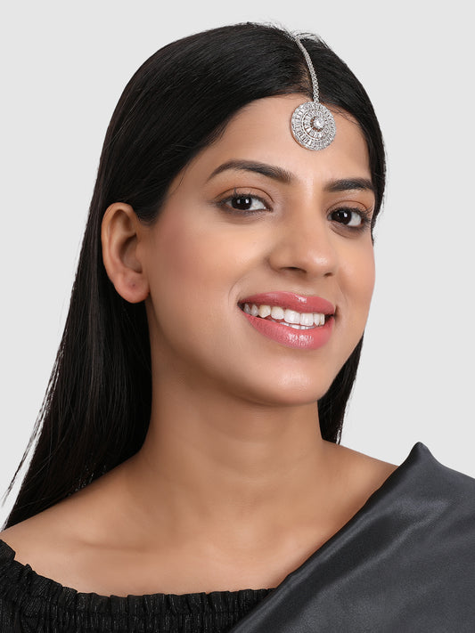 Silver-Plated White AD-Studded Maang Tikka