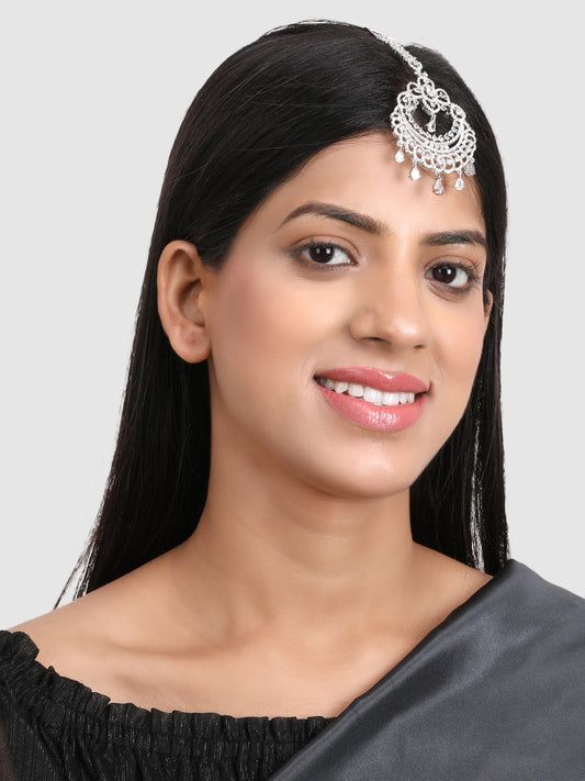 Silver-Plated White AD-Studded Maangtikka