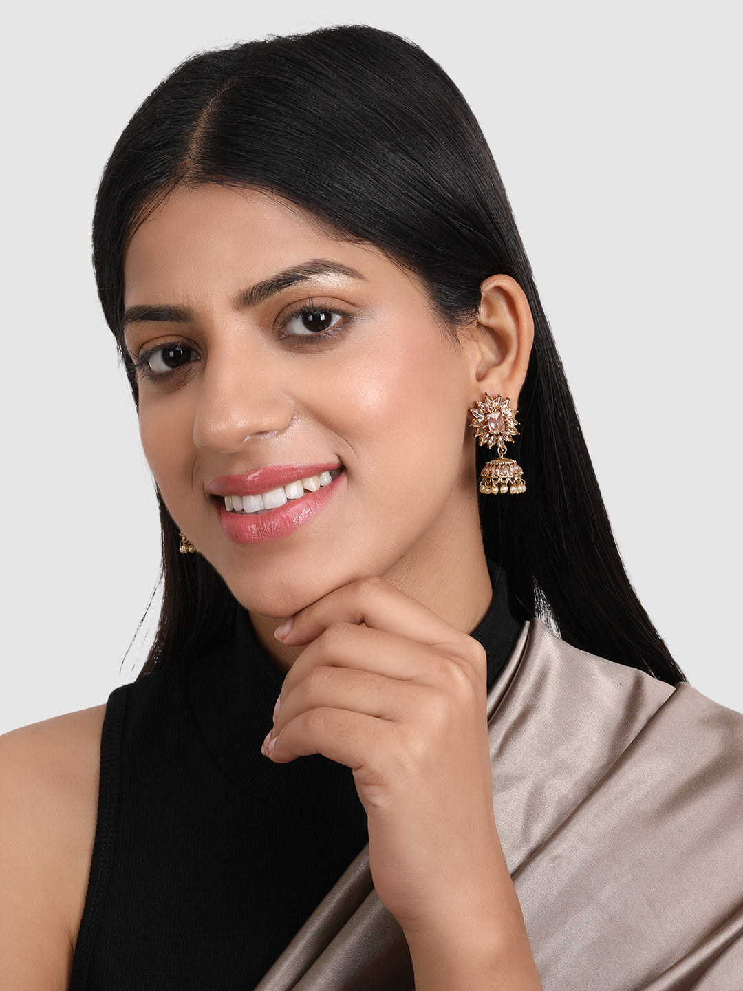 Gold-Plated Floral Artificial Stones Jhumkas Earrings