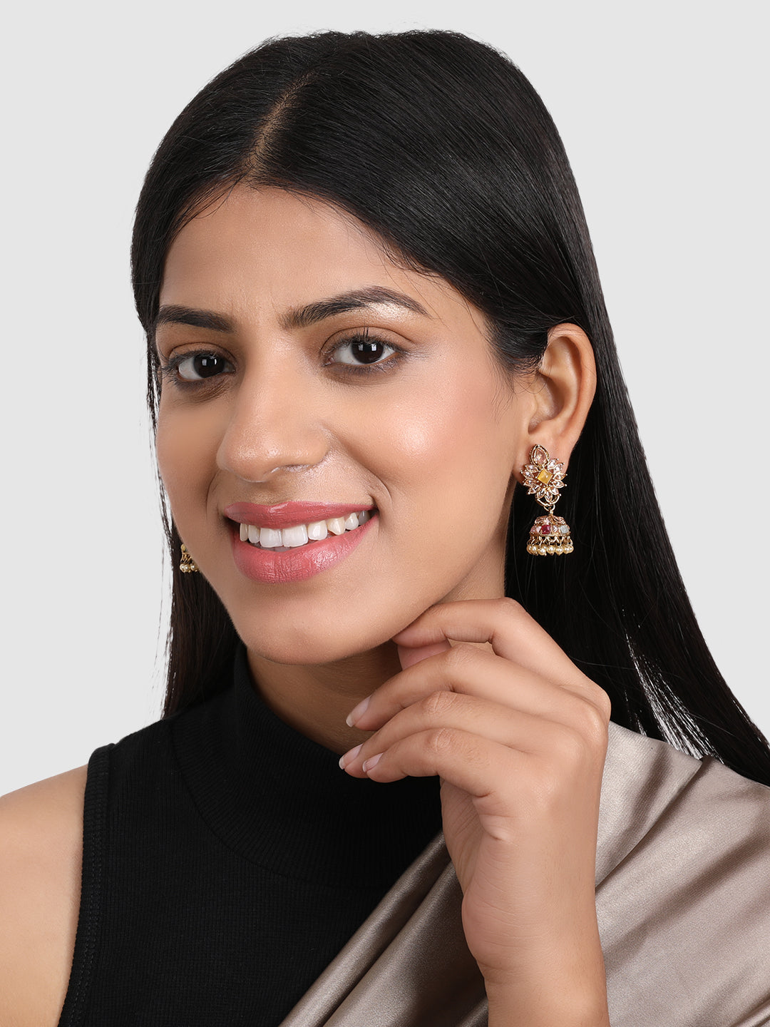 Gold-Plated & Yellow Stones Studded Dome Shaped Jhumkas Earrings