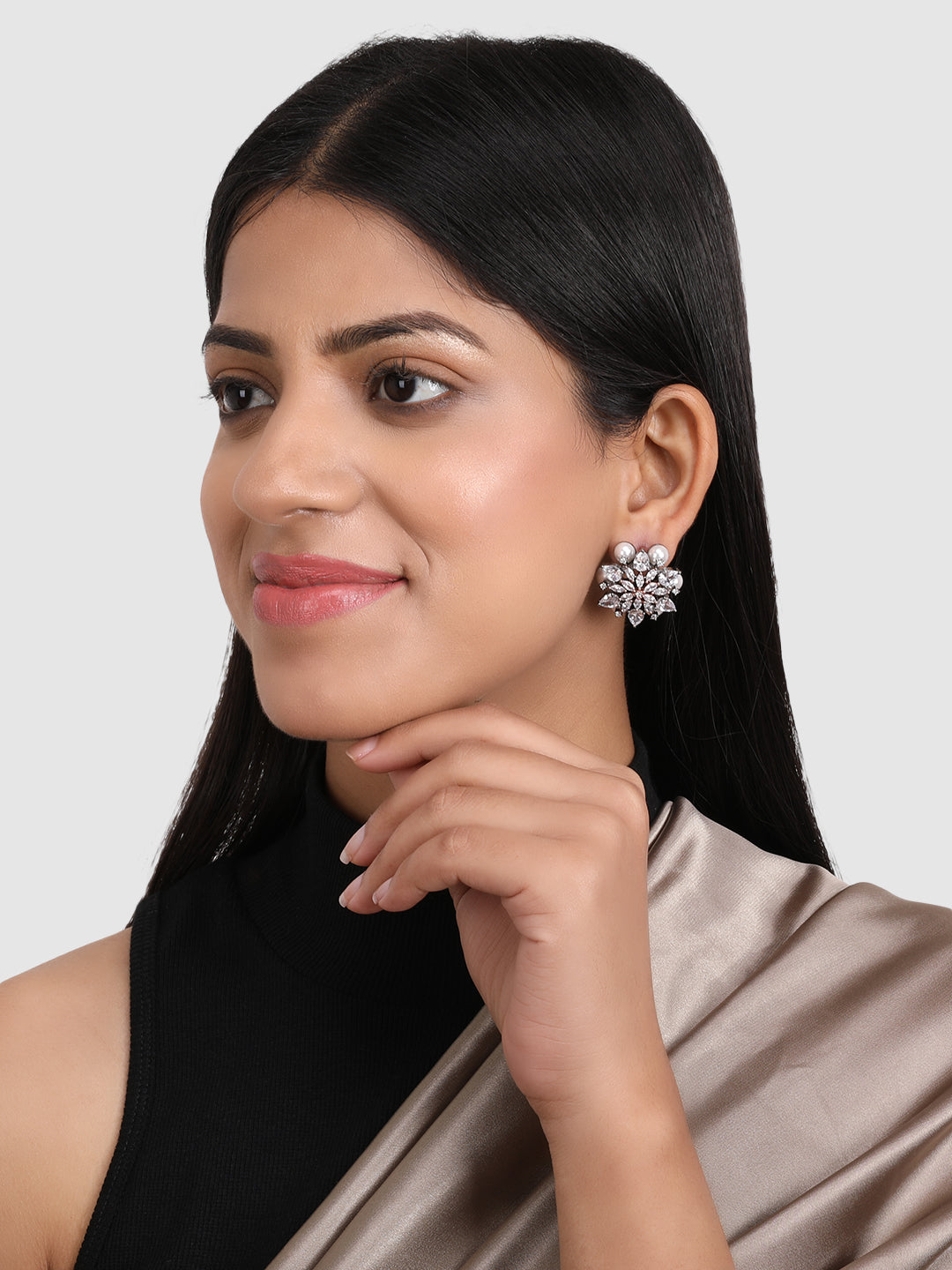 Rhodium-Plated & White Contemporary Studs Earrings