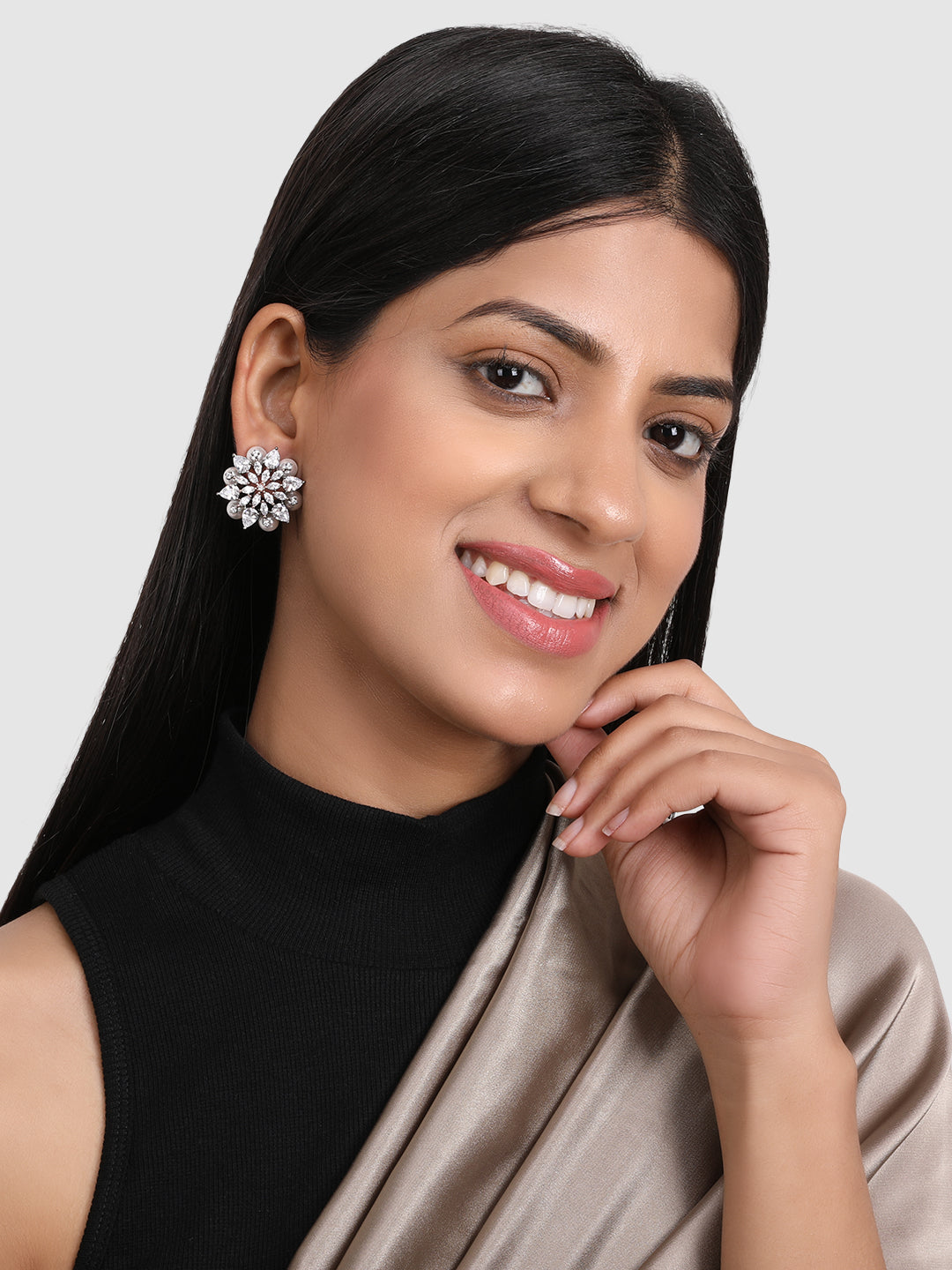 Rhodium-Plated & White Contemporary Studs Earrings