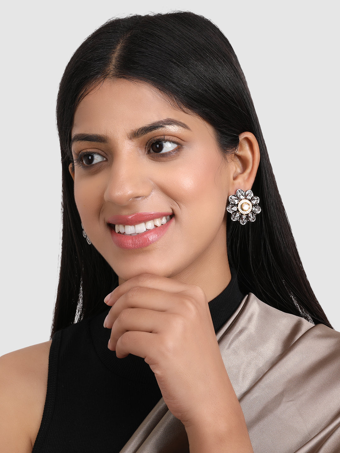 White Floral AD & Kundan Studded Rhodium Plated Stud Earrings