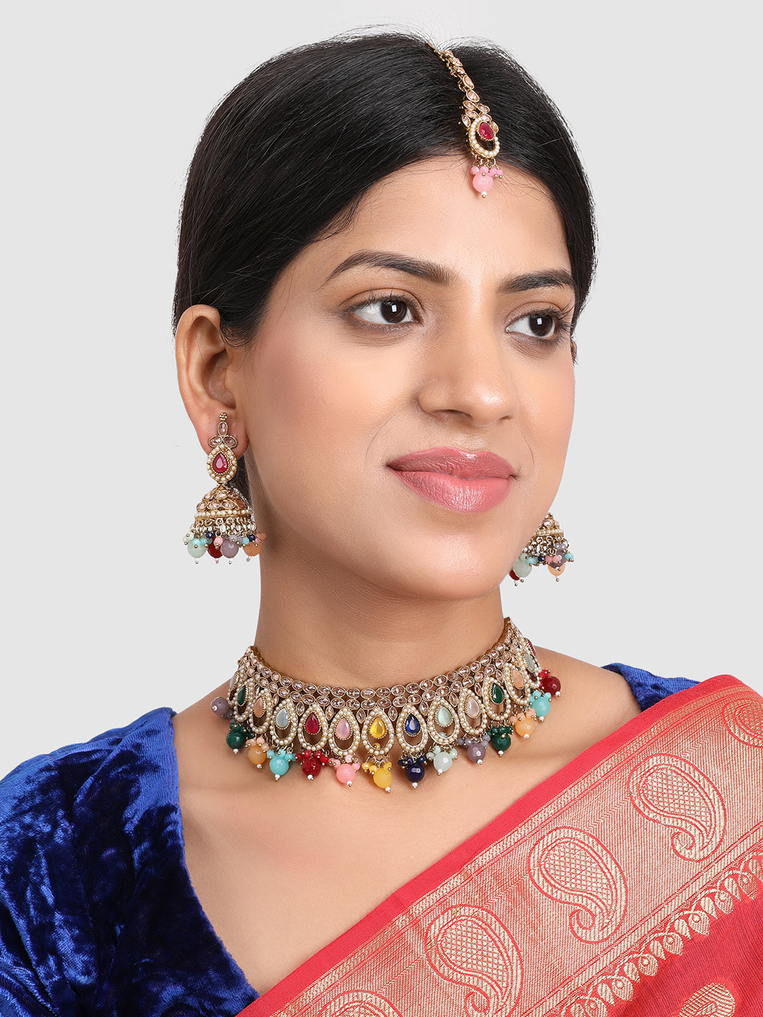 Gold-Plated White & Green Stone-Studded Jewellery Set