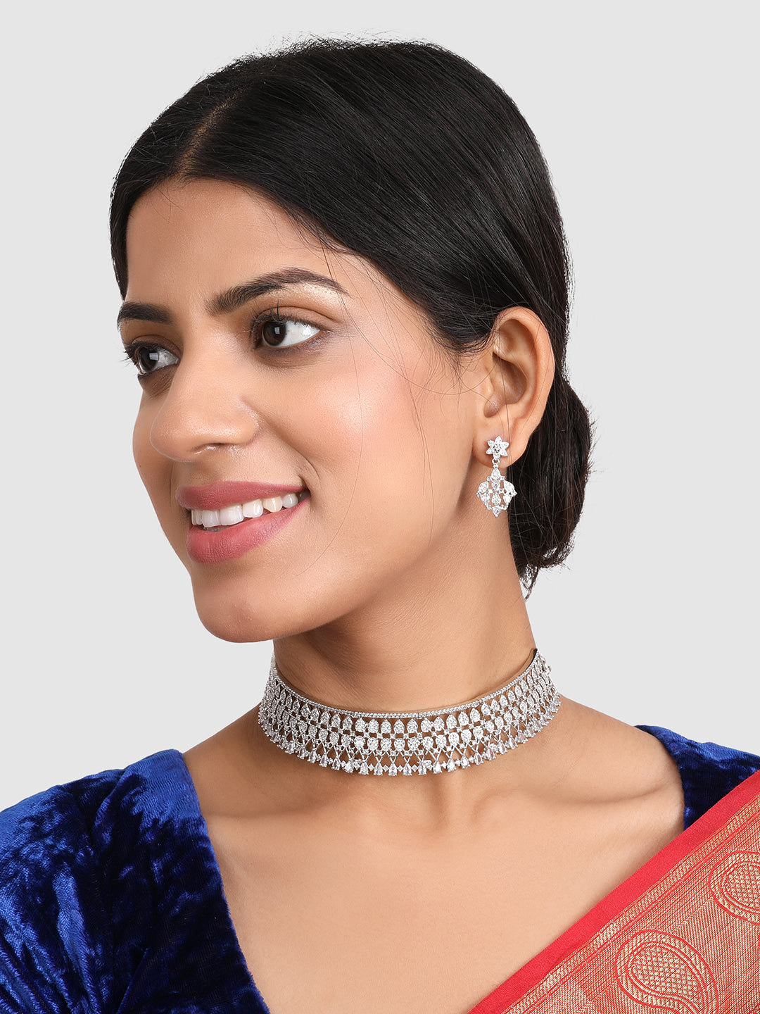 Silver-Plated White AD Studded Choker Jewellery Set