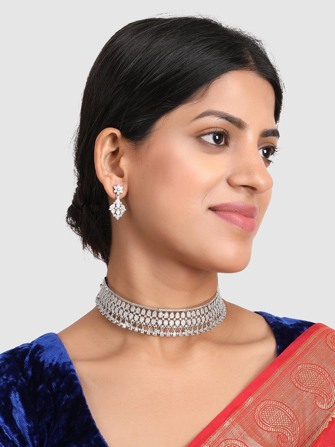 Silver-Plated White AD Studded Choker Jewellery Set