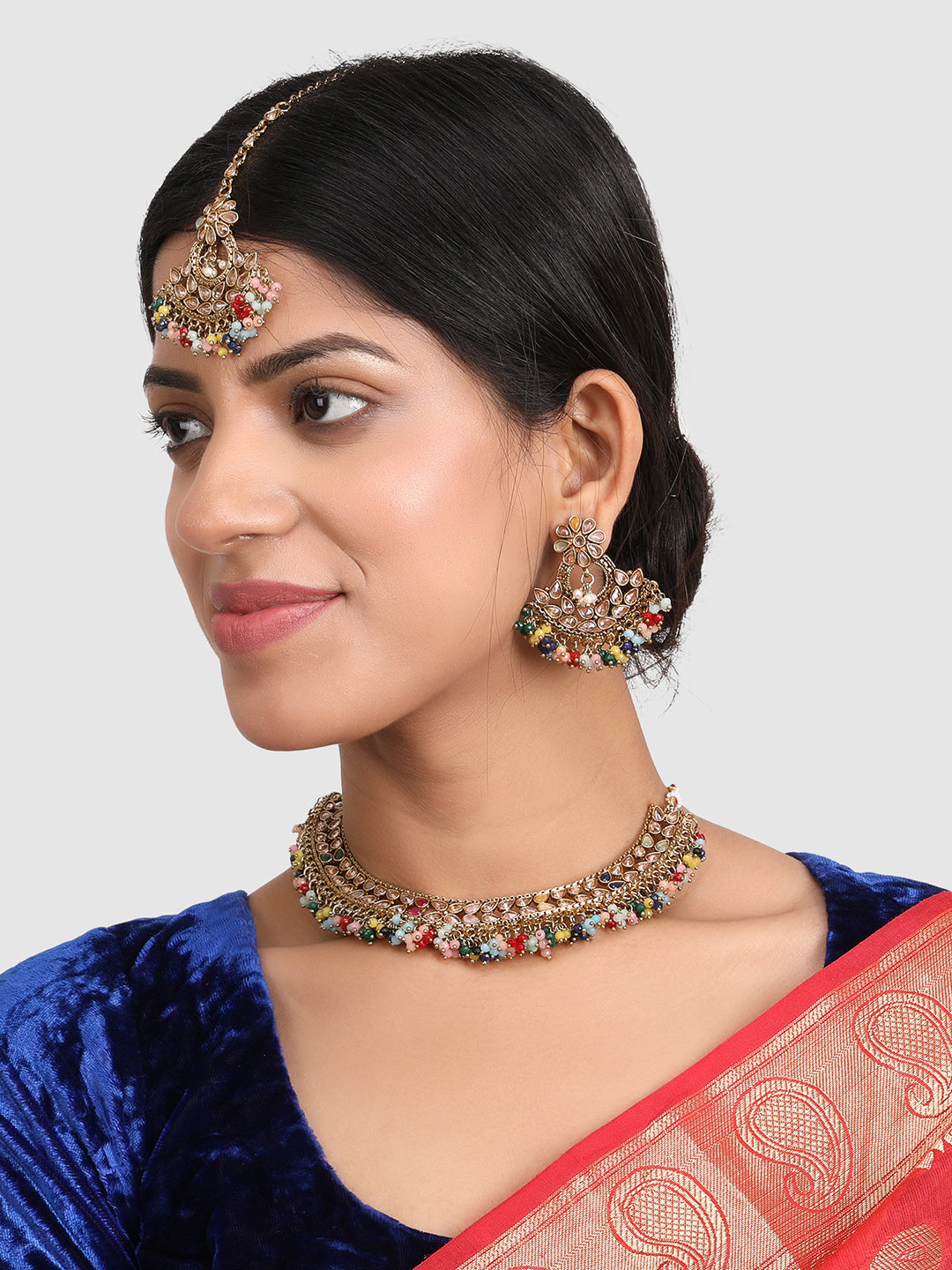 Gold-Plated Multi-Colored AD Stone Studded And Beaded Jewellery Set