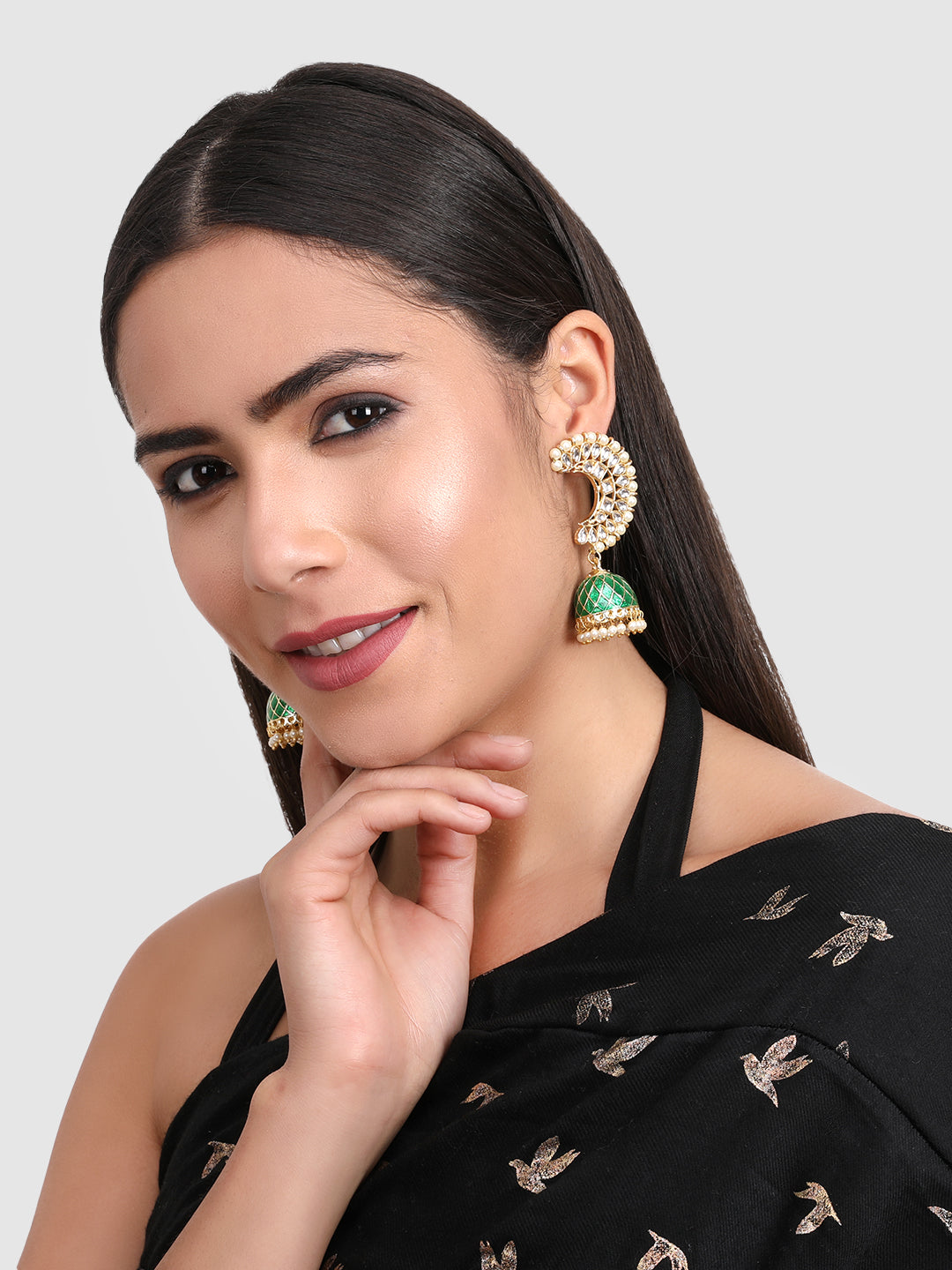 Gold-Toned & Green Dome Shaped Jhumkas Earrings