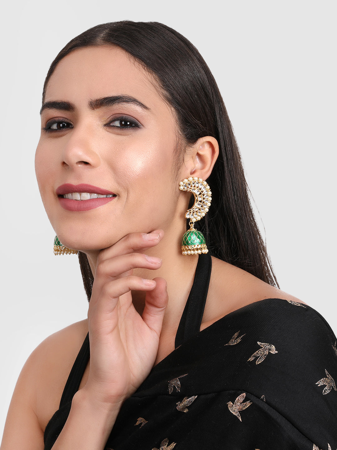 Gold-Toned & Green Dome Shaped Jhumkas Earrings