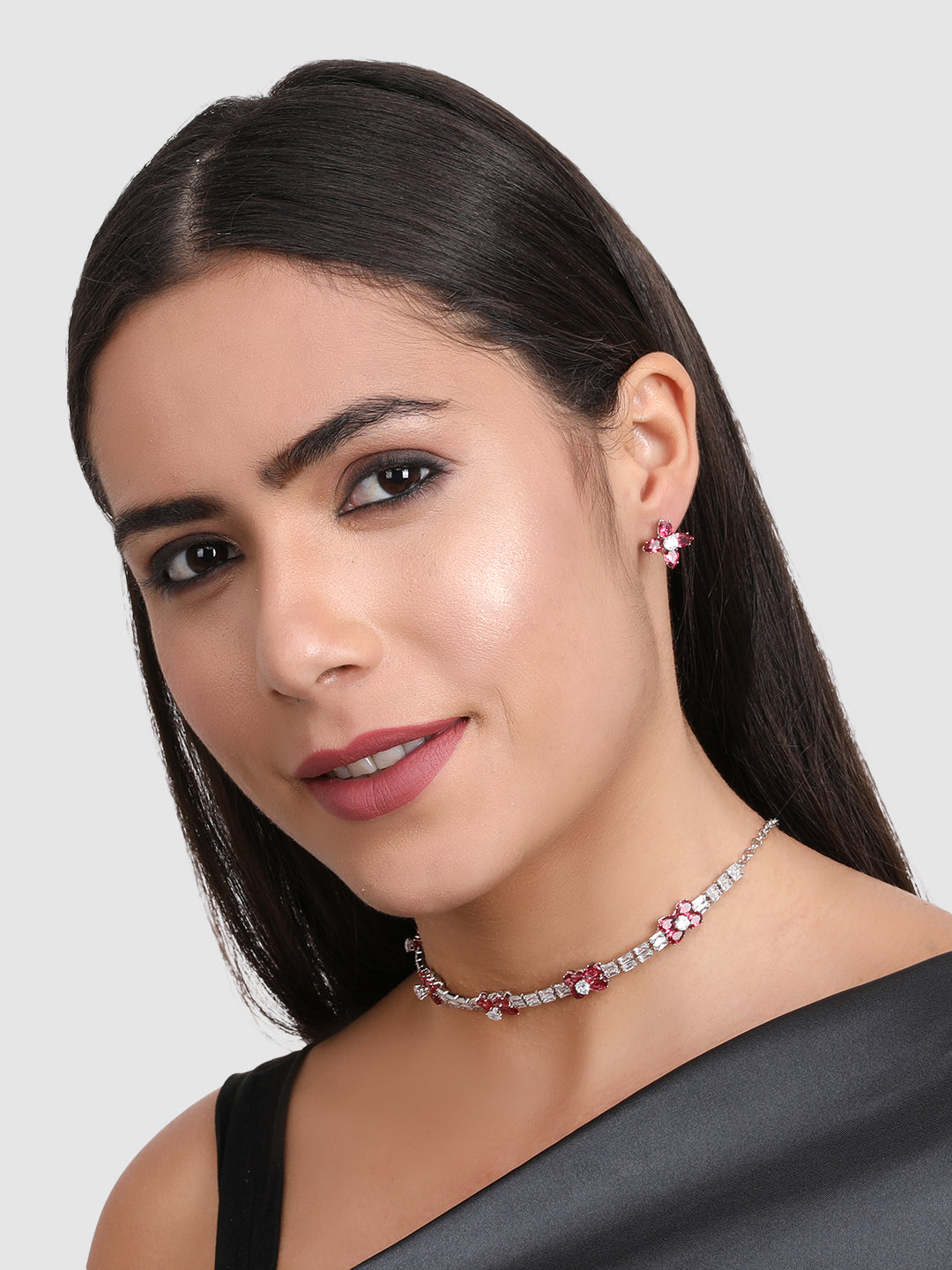 Rhodium Plated Pink & White AD Stone Studded Jewellery Set