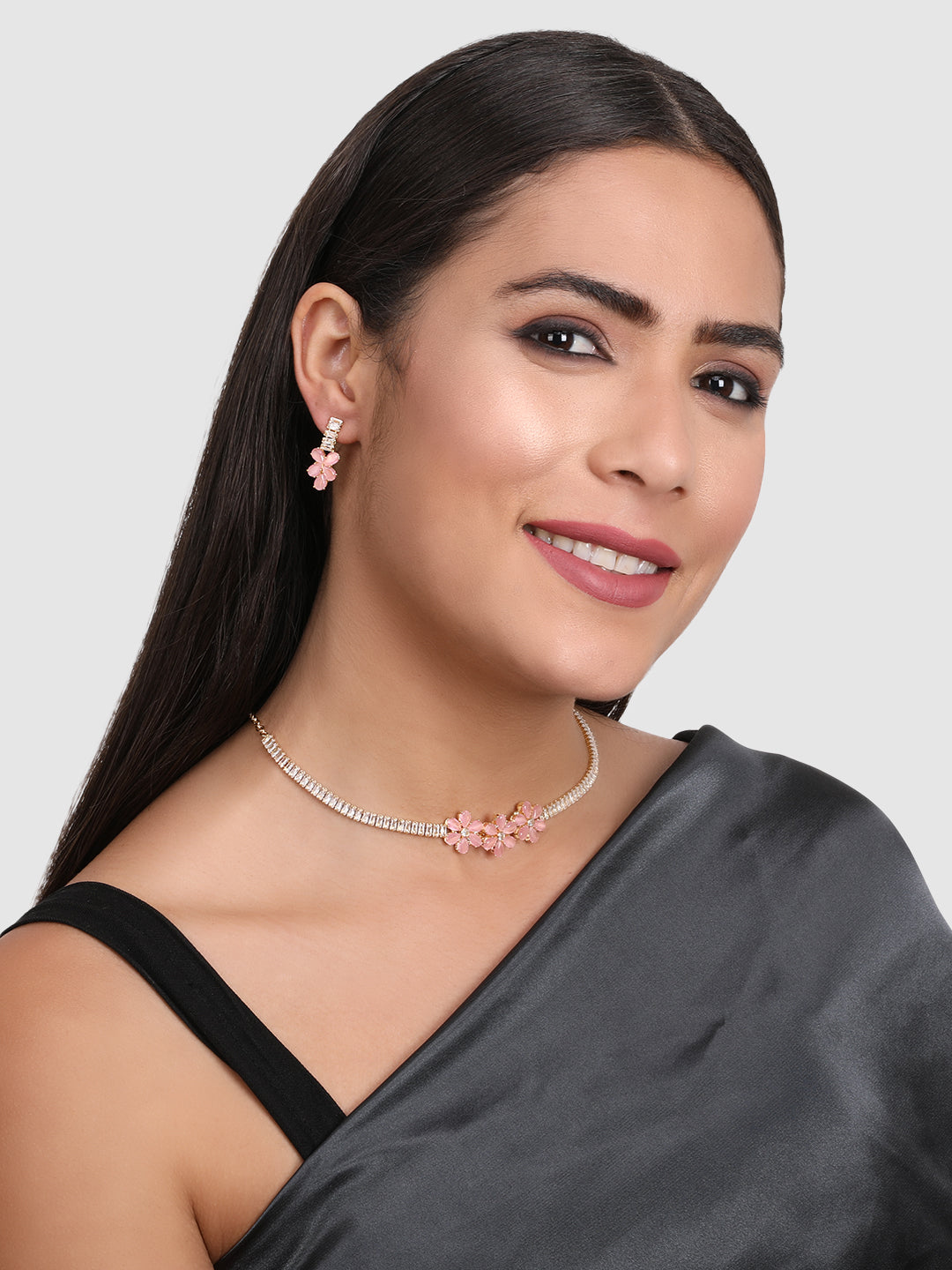 Gold-Plated Pink Stone Studded Jewellery Set