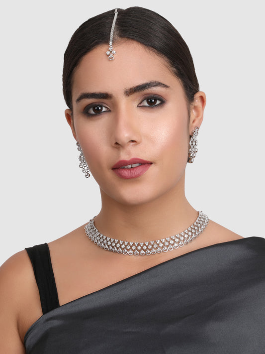 Silver-Plated White Stone-Studded Jewellery Set