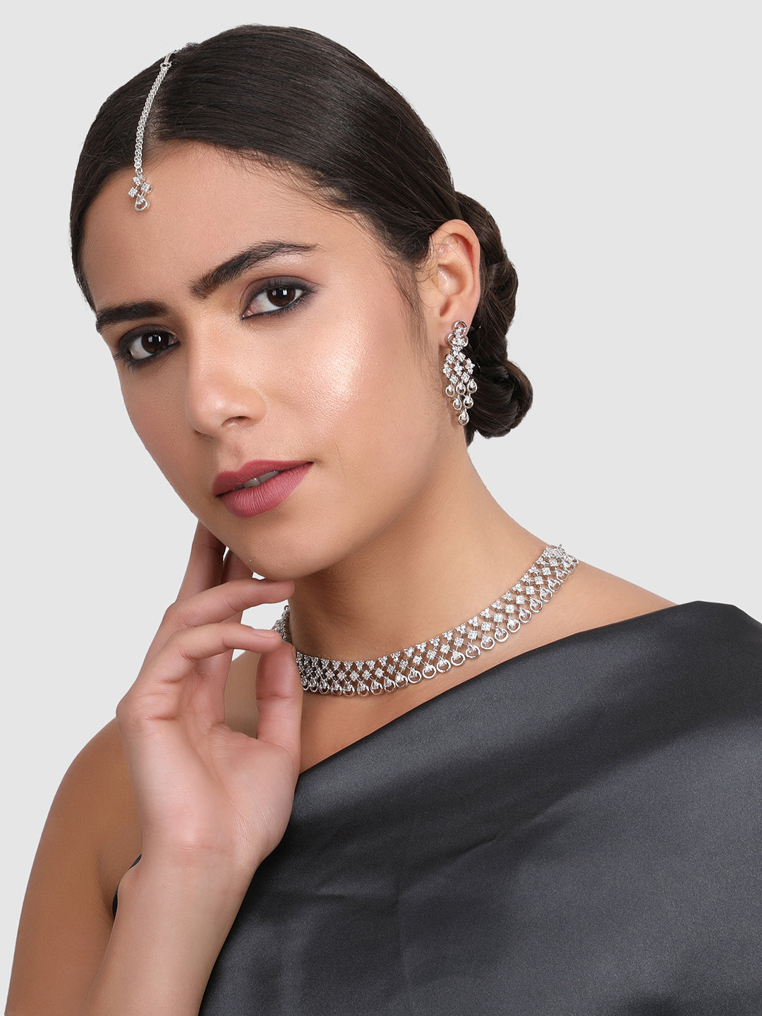 Silver-Plated White Stone-Studded Jewellery Set