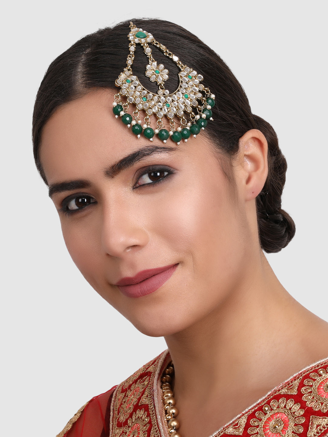 Gold Plated Green & White Kundan-Studded & Beaded Jhumar