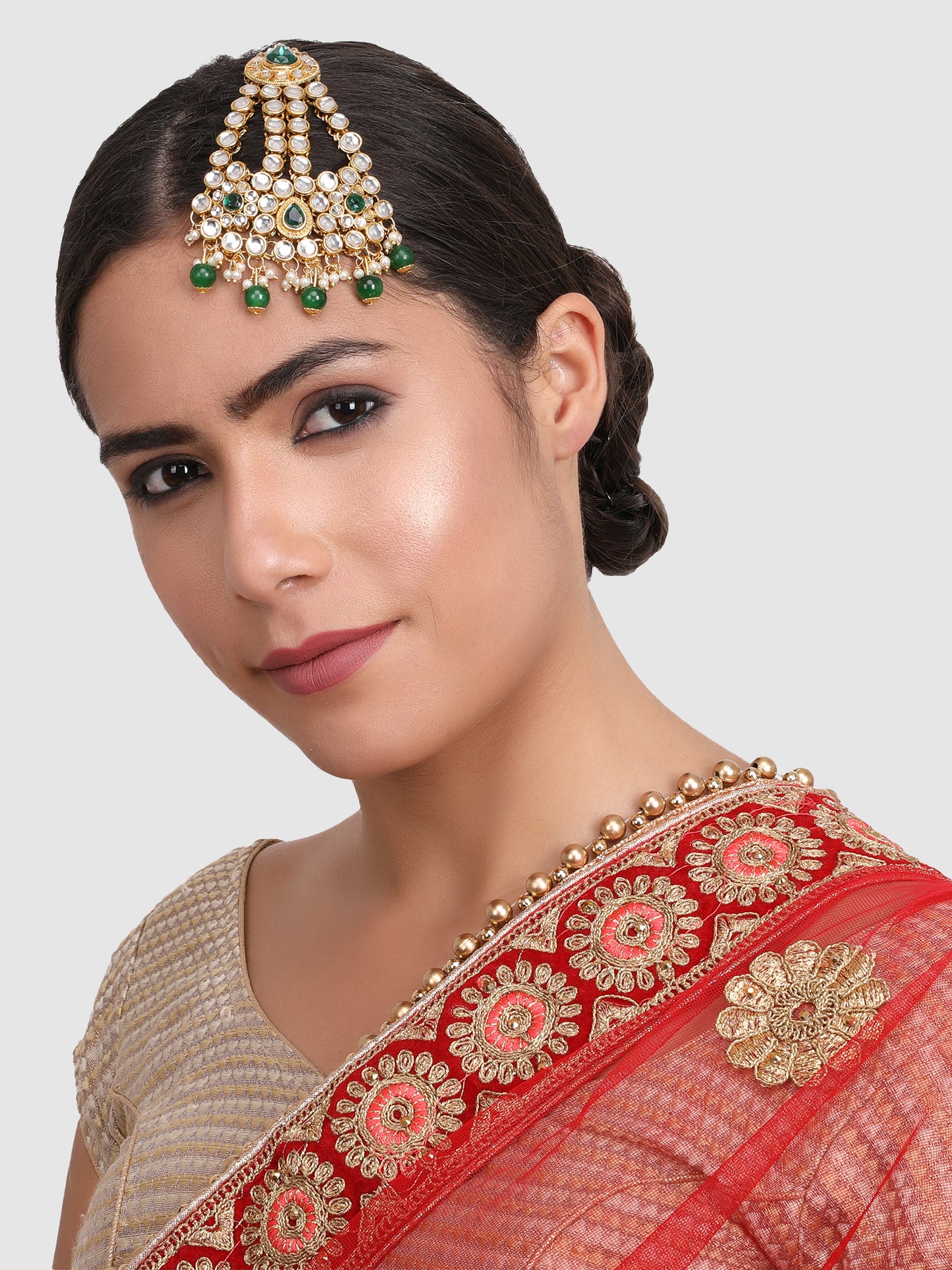 Gold-Plated Green Kundan Studded Jhumar Passa Head Jewellery