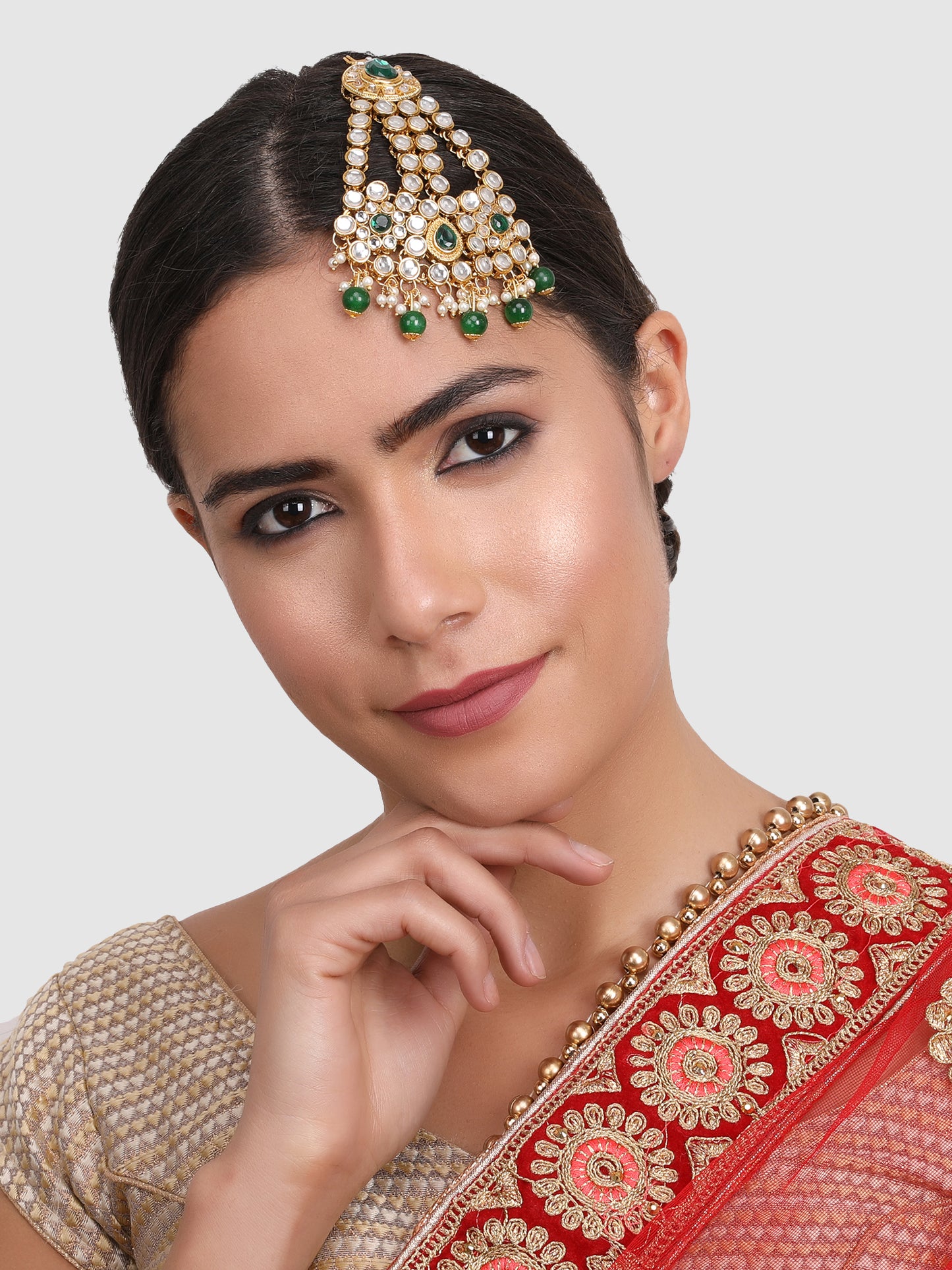 Gold-Plated Green Kundan Studded Jhumar Passa Head Jewellery