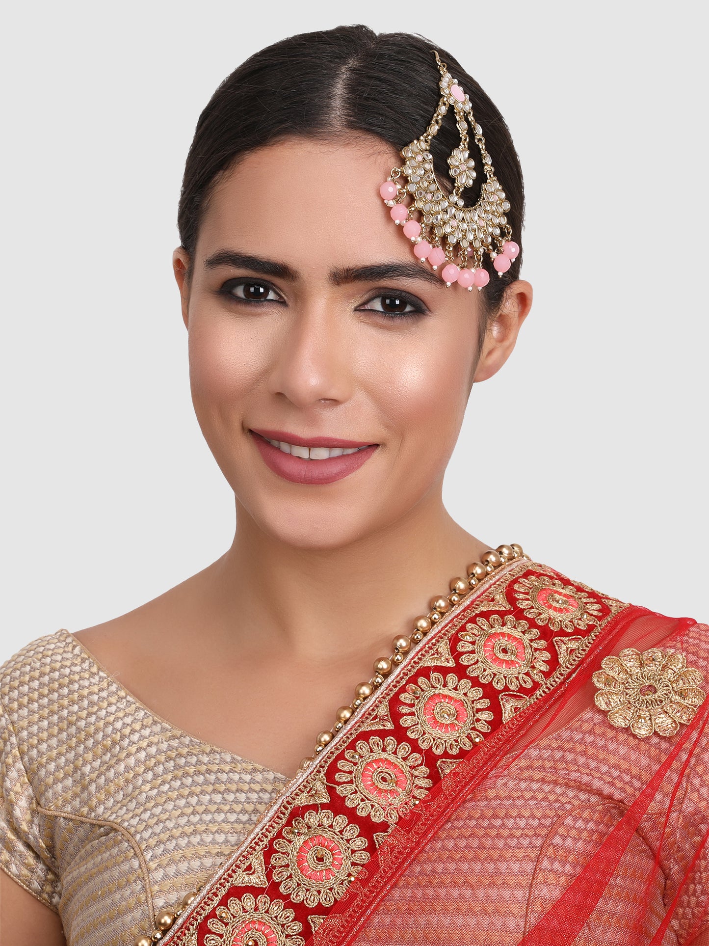 Gold-Plated White & Pink Kundan-Studded & Beaded Handcrafted Jhumar Passa