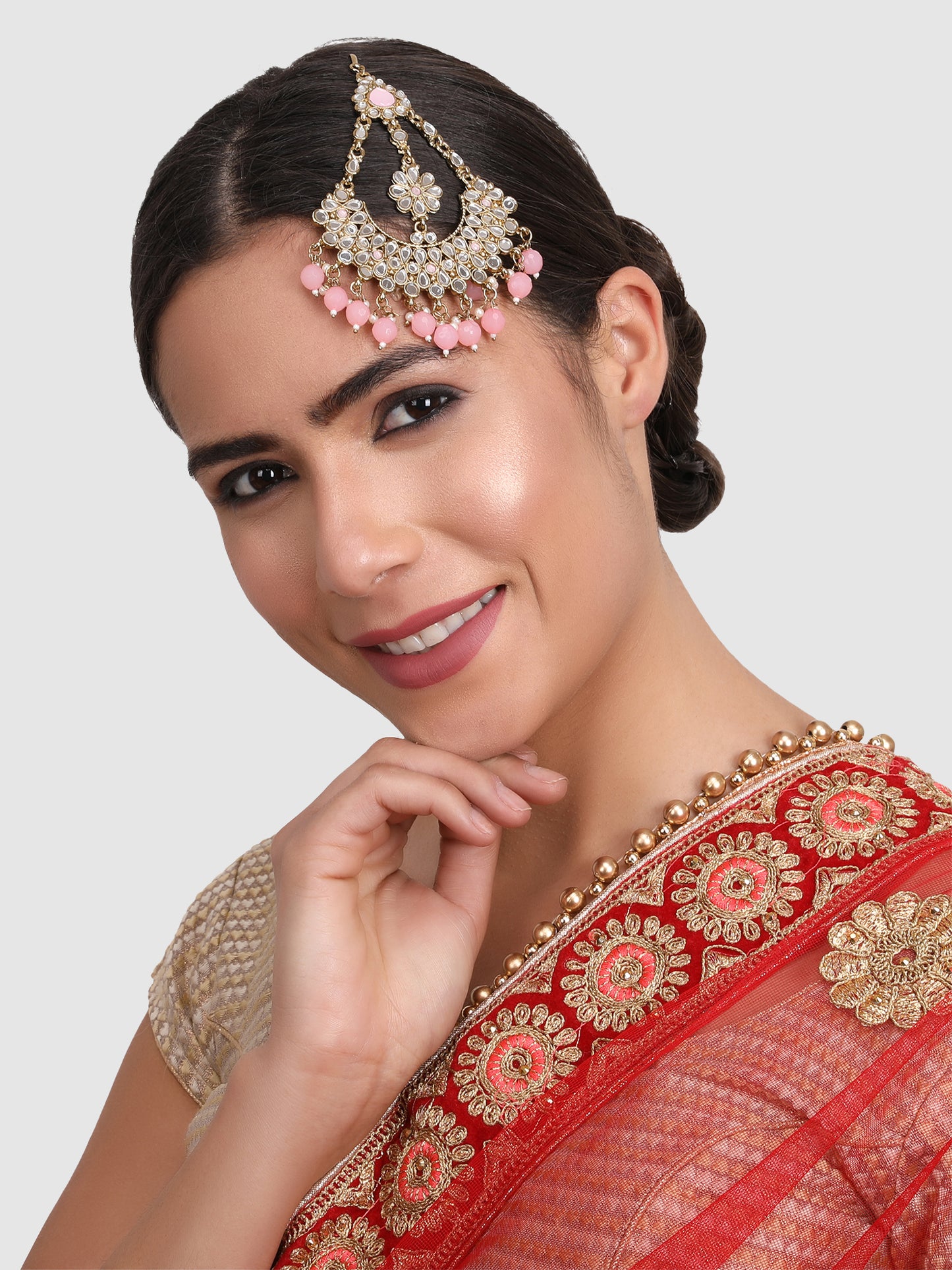 Gold-Plated White & Pink Kundan-Studded & Beaded Handcrafted Jhumar Passa