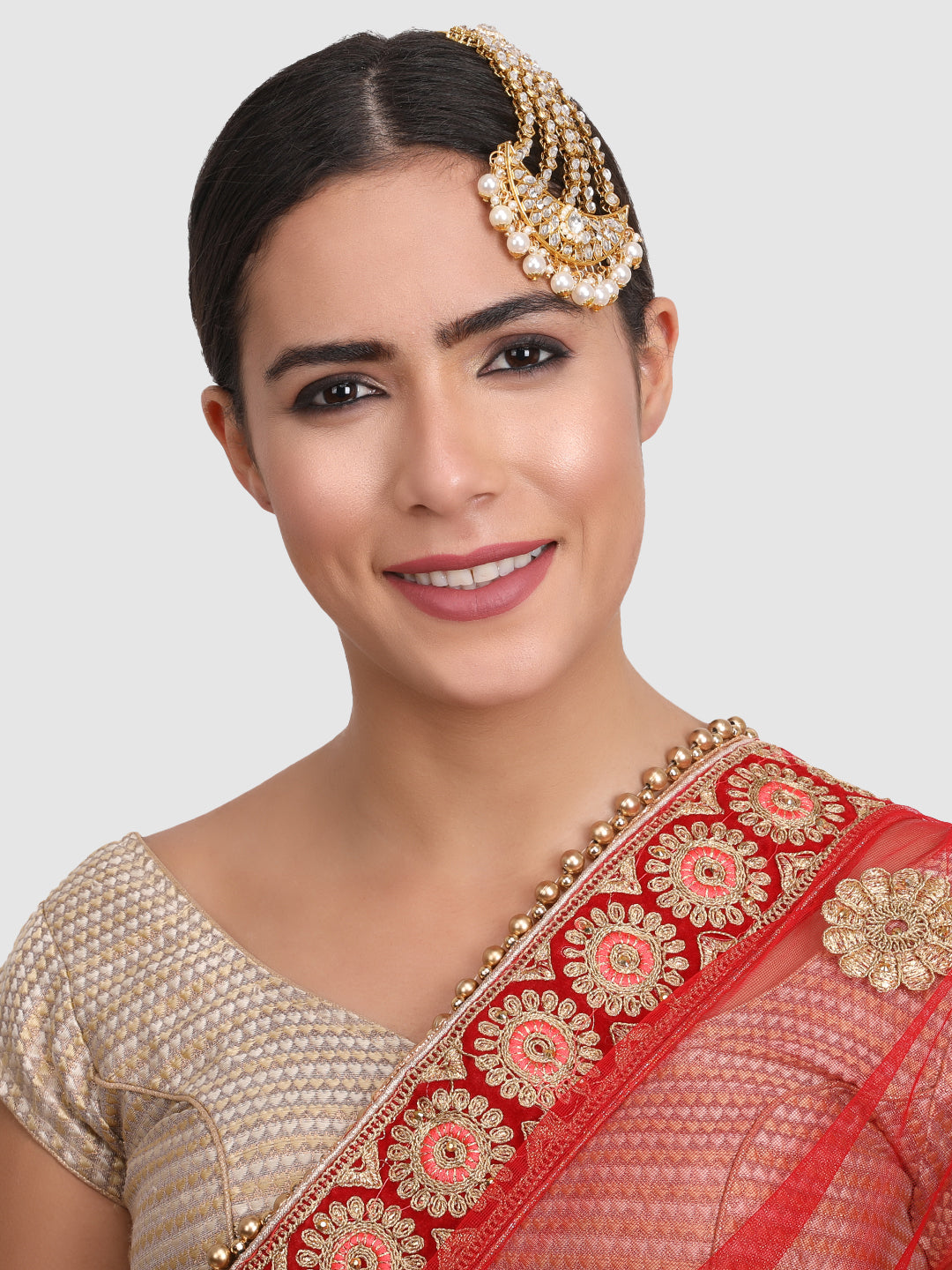 Gold-Plated & White Kundan-Studded Jhumar passa Head Jewellery