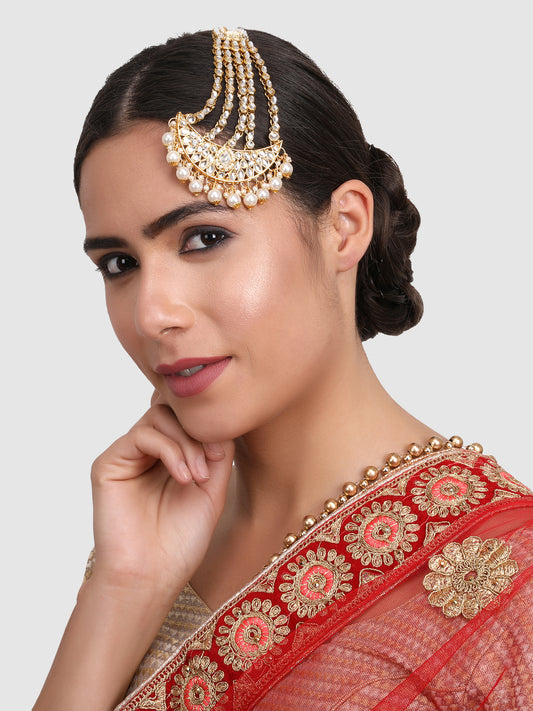 Gold-Plated & White Kundan-Studded Jhumar passa Head Jewellery