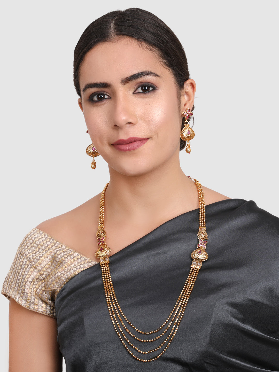 Gold-Plated Maroon Stone-Studded & Beaded Jewellery Set