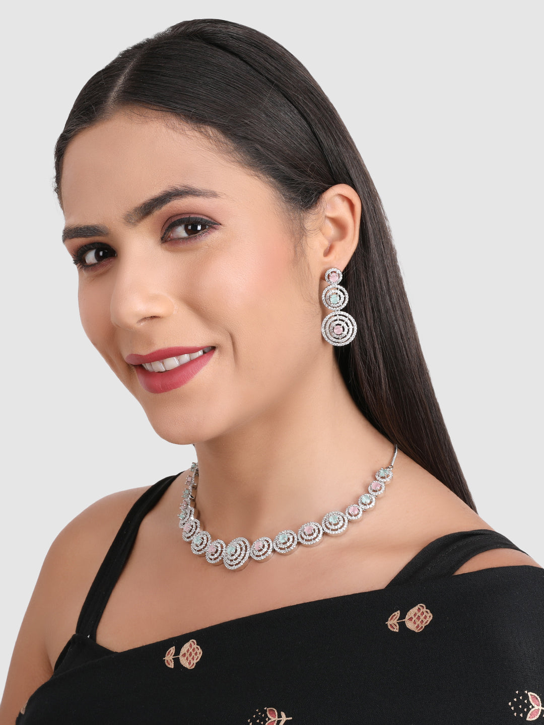 Women White & Pink Silver-Plated AD-Studded Necklace and Earrings