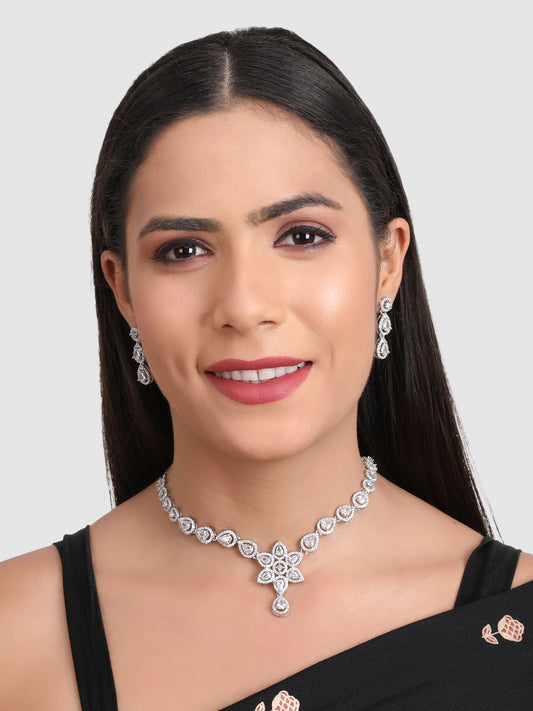 Women White AD Studded Silver-Plated Jewellery Set