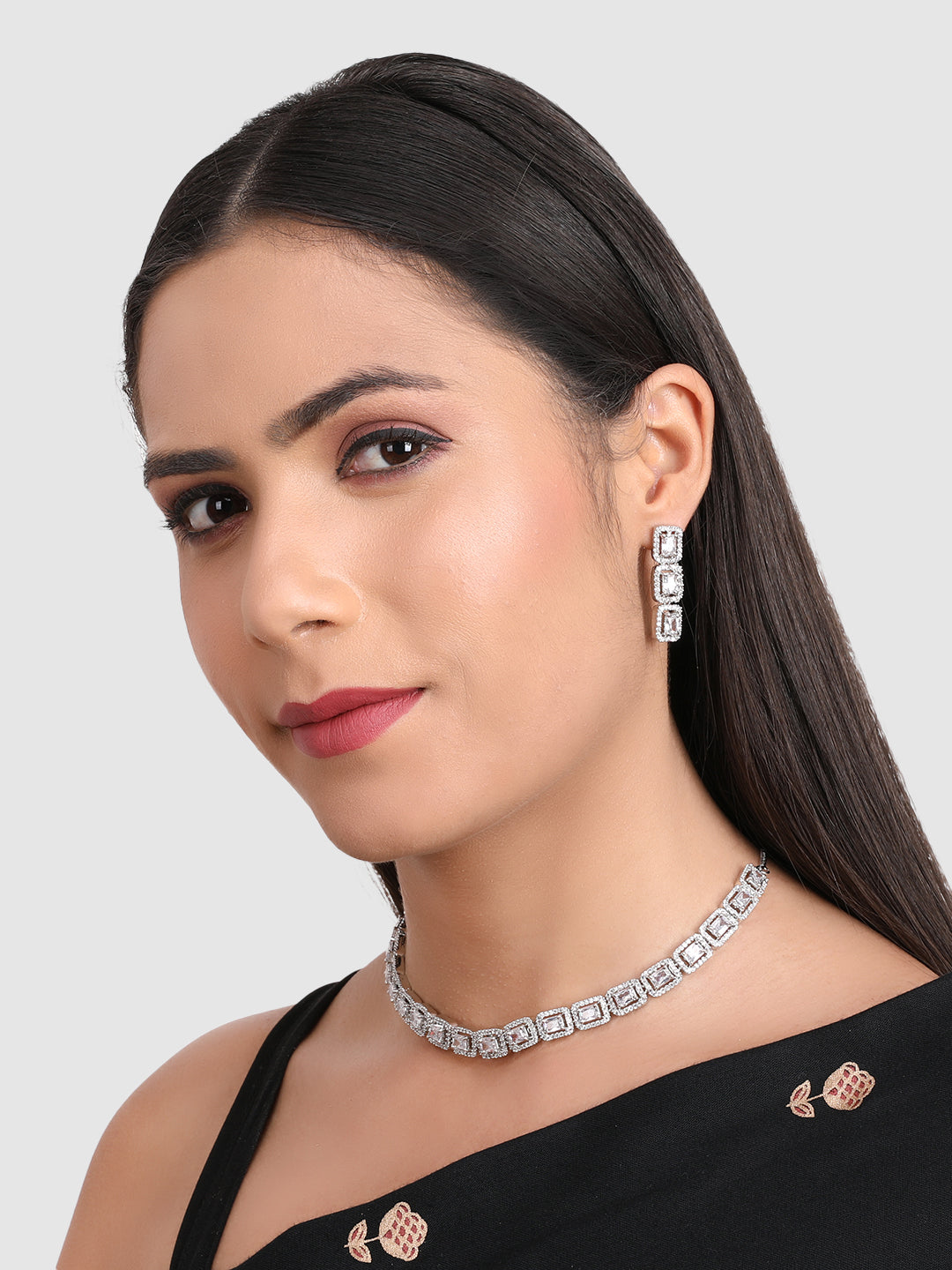 Women White & Silver-Plated AD Studded Necklace and Earrings