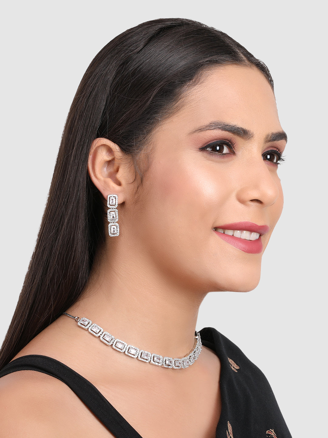 Women White & Silver-Plated AD Studded Necklace and Earrings
