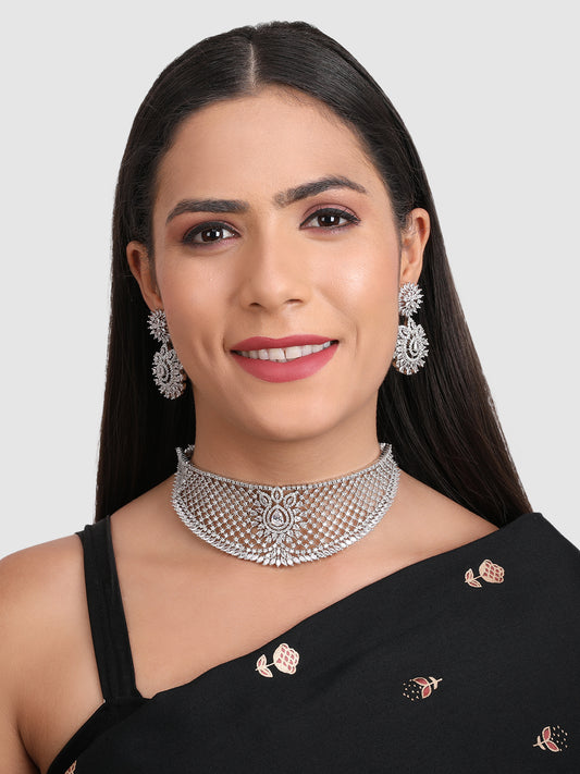 Silver-Plated Silver-Toned AD Stone Studded Jewellery Set