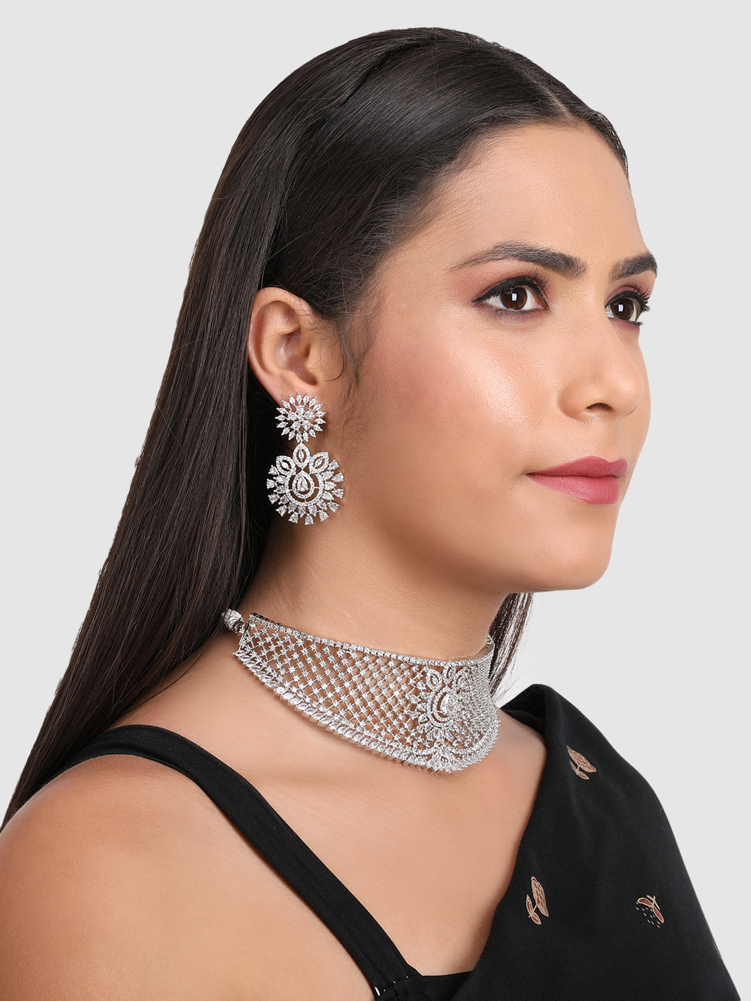 Silver-Plated Silver-Toned AD Stone Studded Jewellery Set