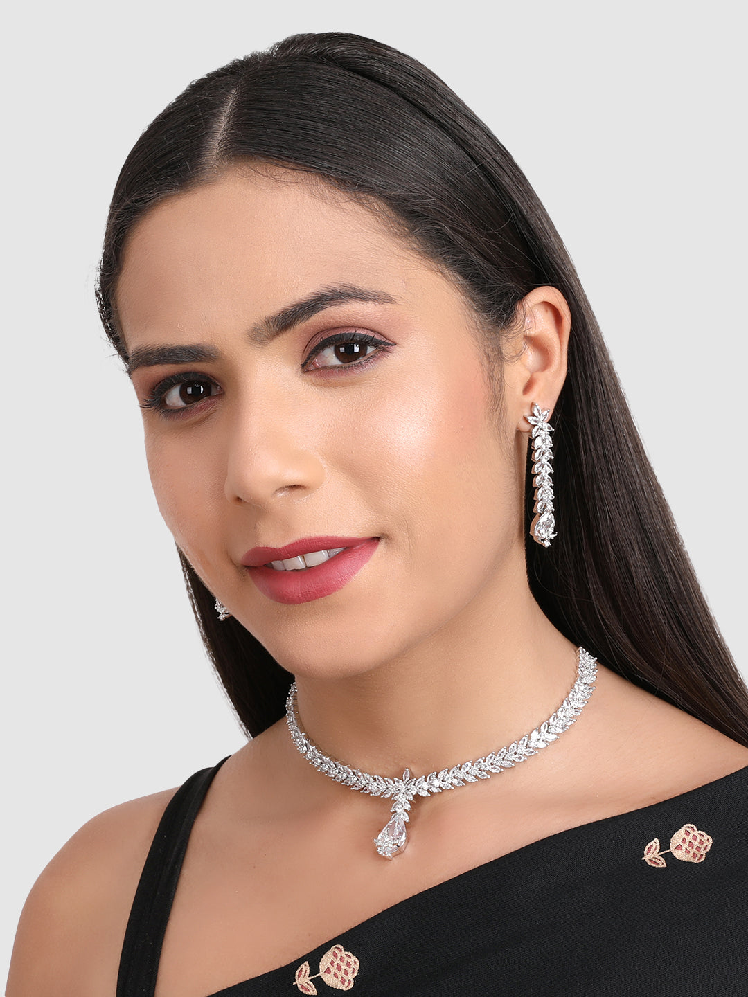 Silver-Plated & White AD-Studded Jewellery Set