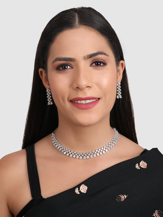 Silver Toned White AD Studded Jewellery Set