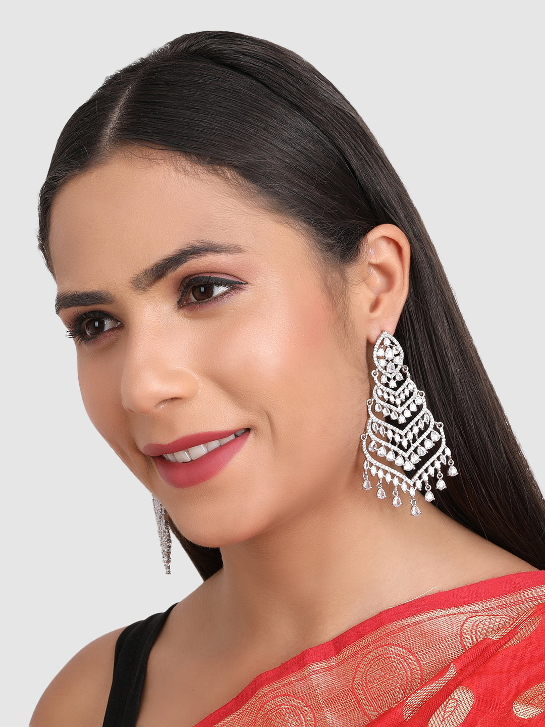 White & Silver-Plated Contemporary Drop Earrings