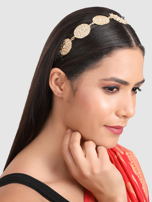 Gold-Plated & White Kundan Studded Floral Shape Head Band