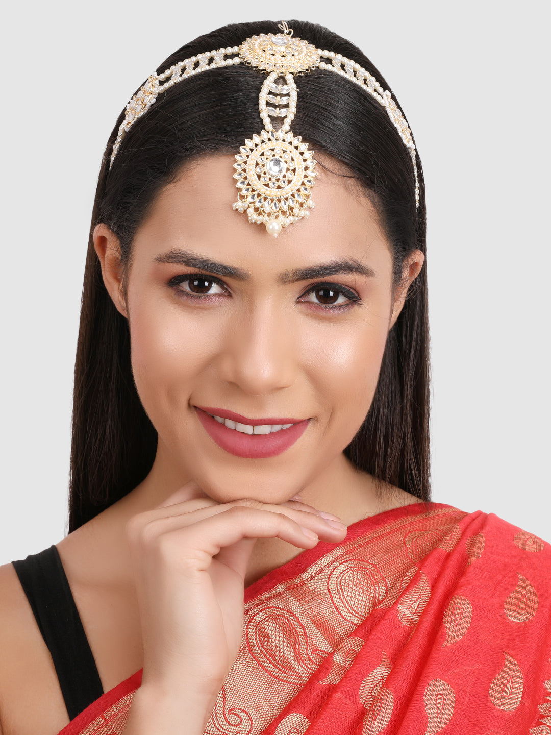 Women Gold-Plated & White Kundan Studded Sheeshphool Head Jewellery