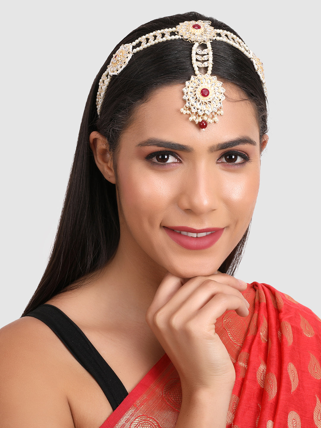 Gold-Plated Maroon Kundan Studded SheeshPhool Head Jewellery