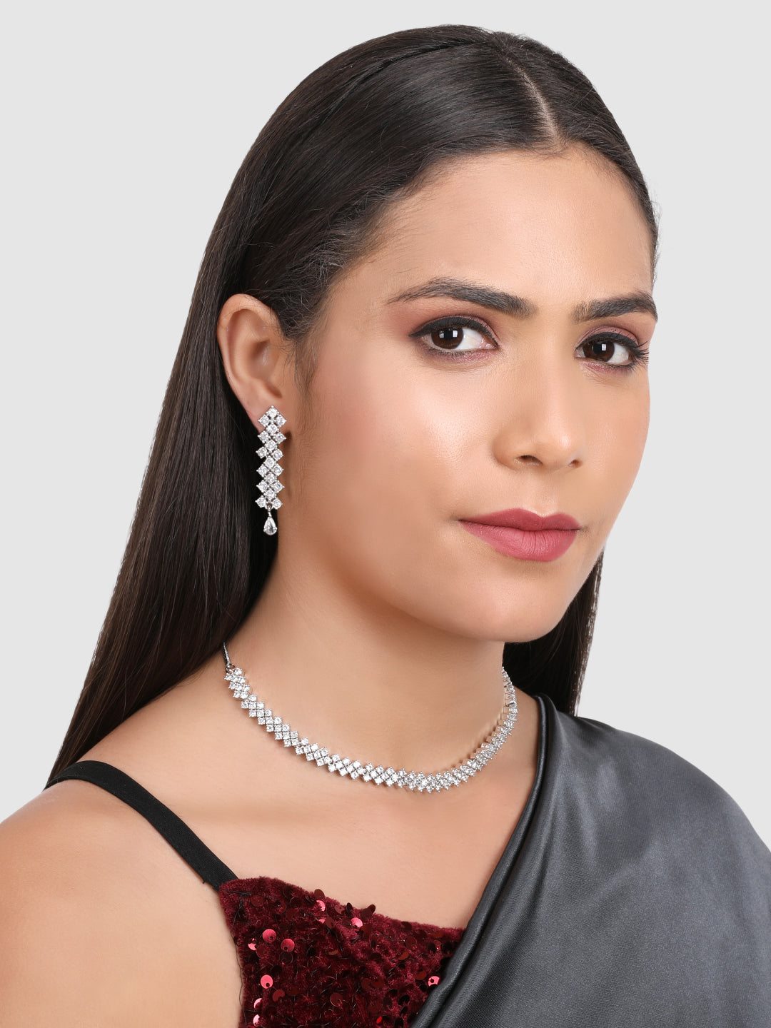 Silver-Plated & White AD-Studded Jewellery Set