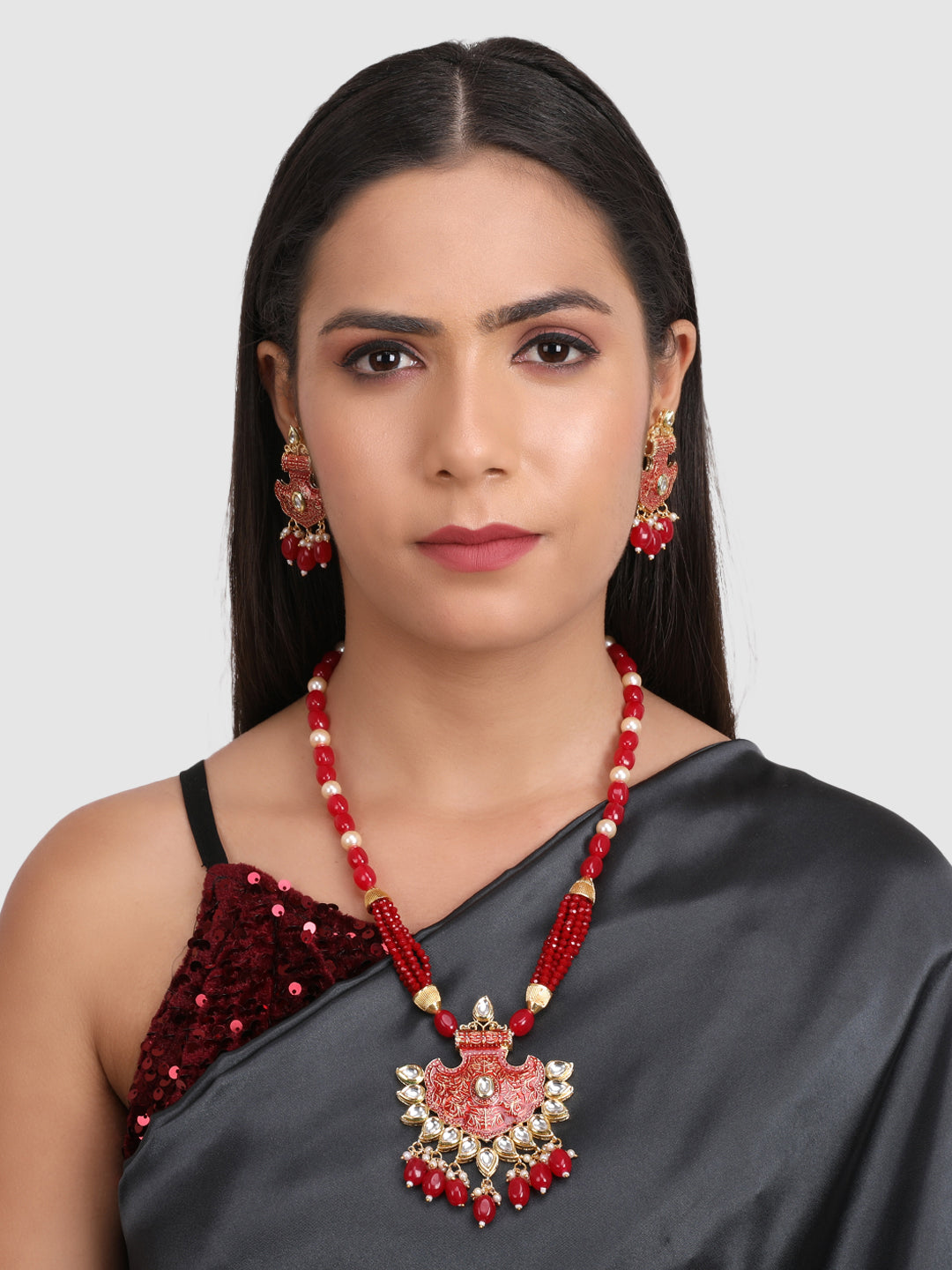 Gold-Plated & Red Kundan Studded Jewellery Set