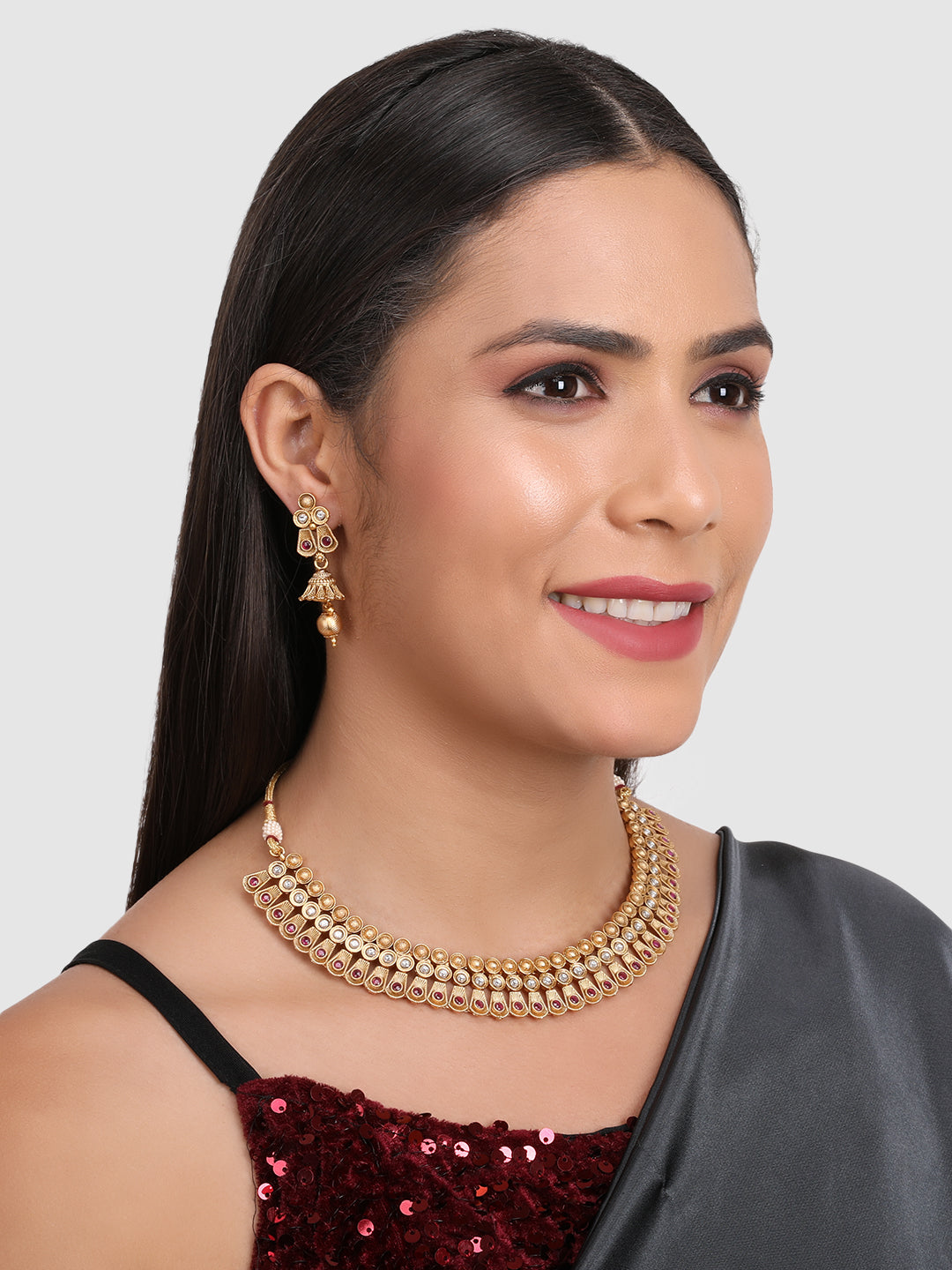 Women Gold-Plated Pink & White Stone Studded Jewellery Set