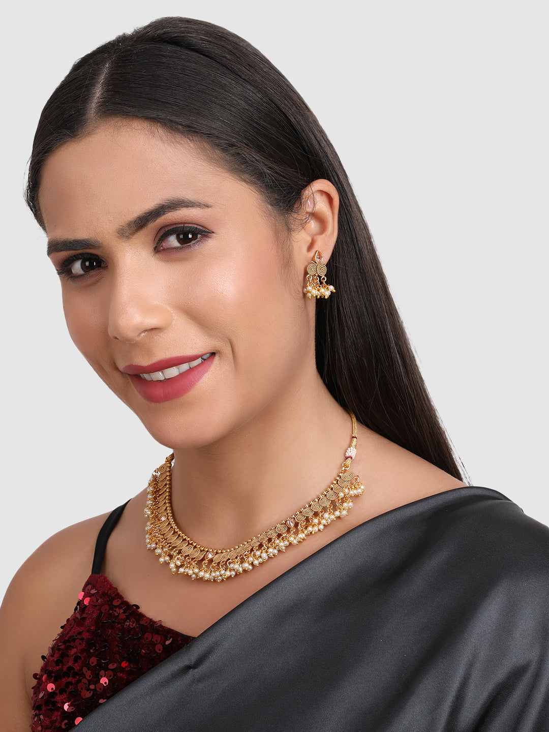 Women Gold-Plated White Pearl Beaded Jewelry Set