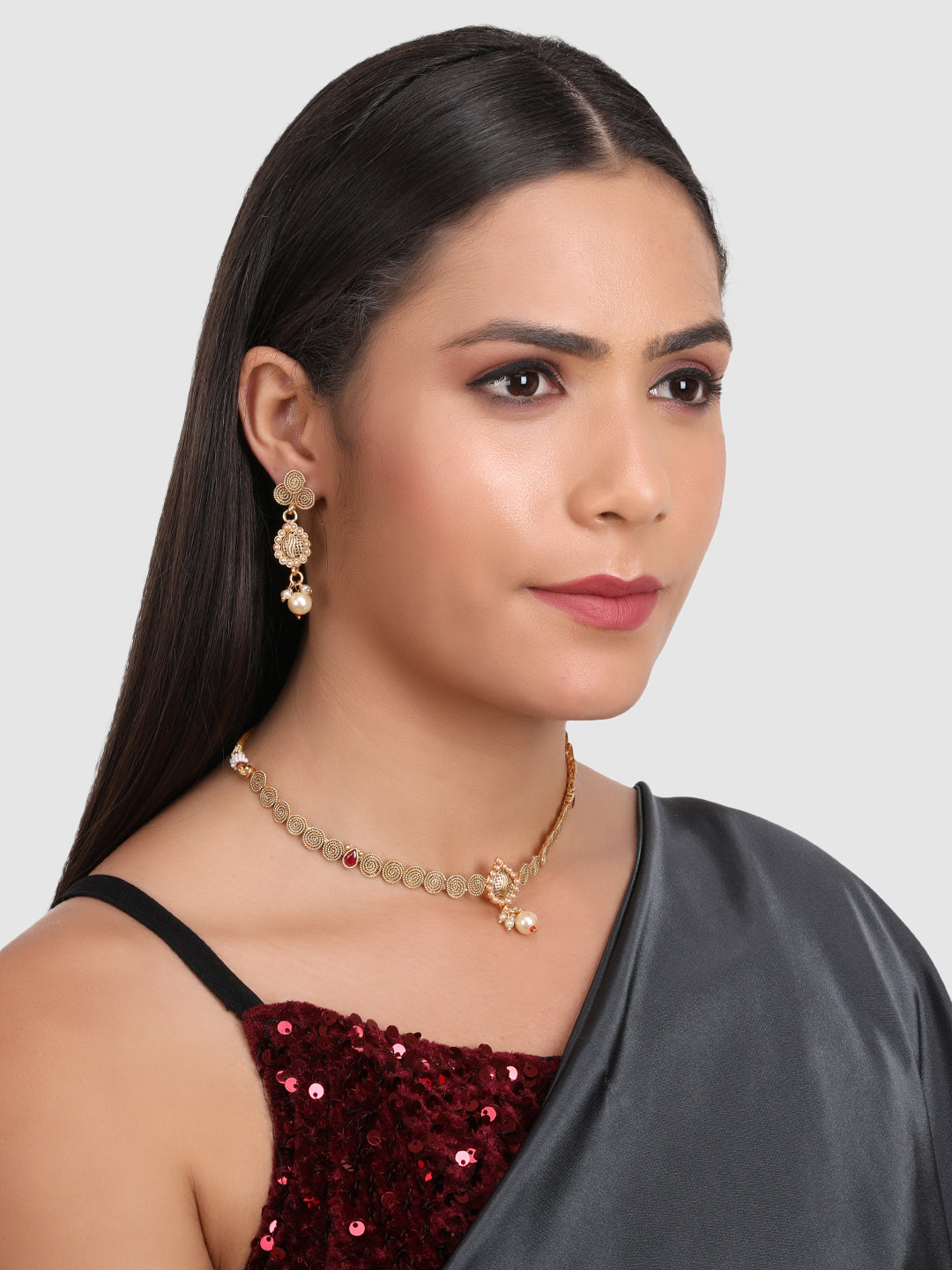 Gold-Plated White & Maroon Stone-Studded Jewellery Set