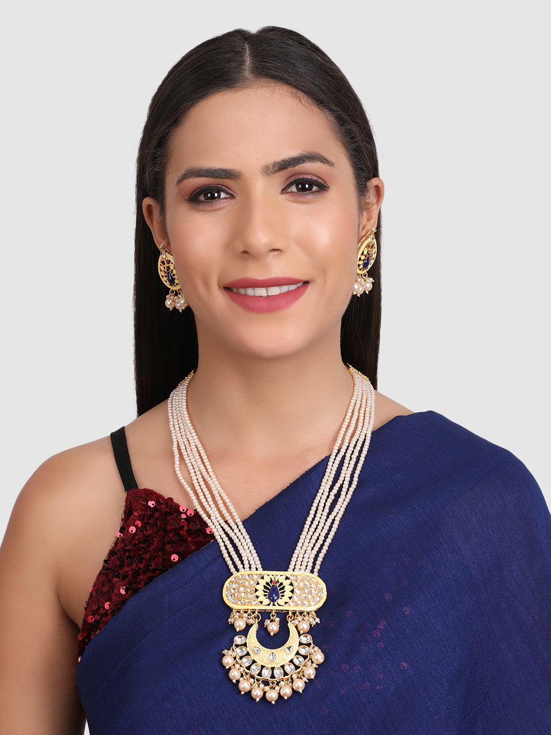 Gold-Plated White Kundan Studded Long Jewellery Set