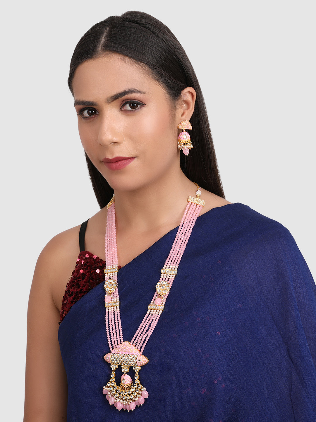 Gold-Plated & Pink Kundan-Studded & Beaded Jewellery Set