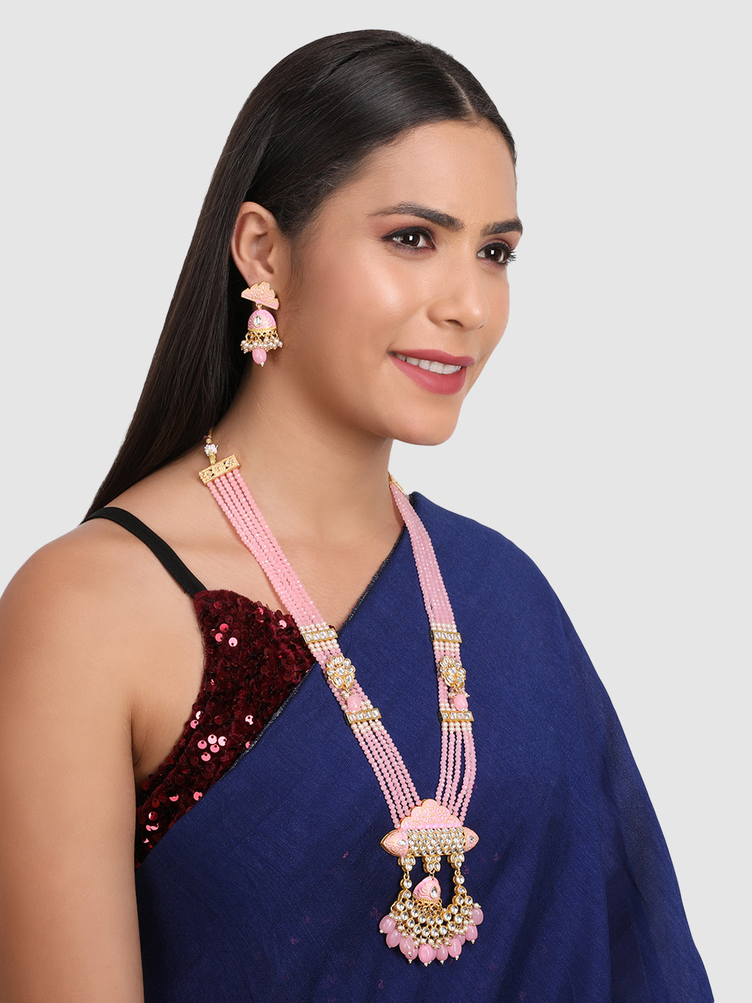 Gold-Plated & Pink Kundan-Studded & Beaded Jewellery Set