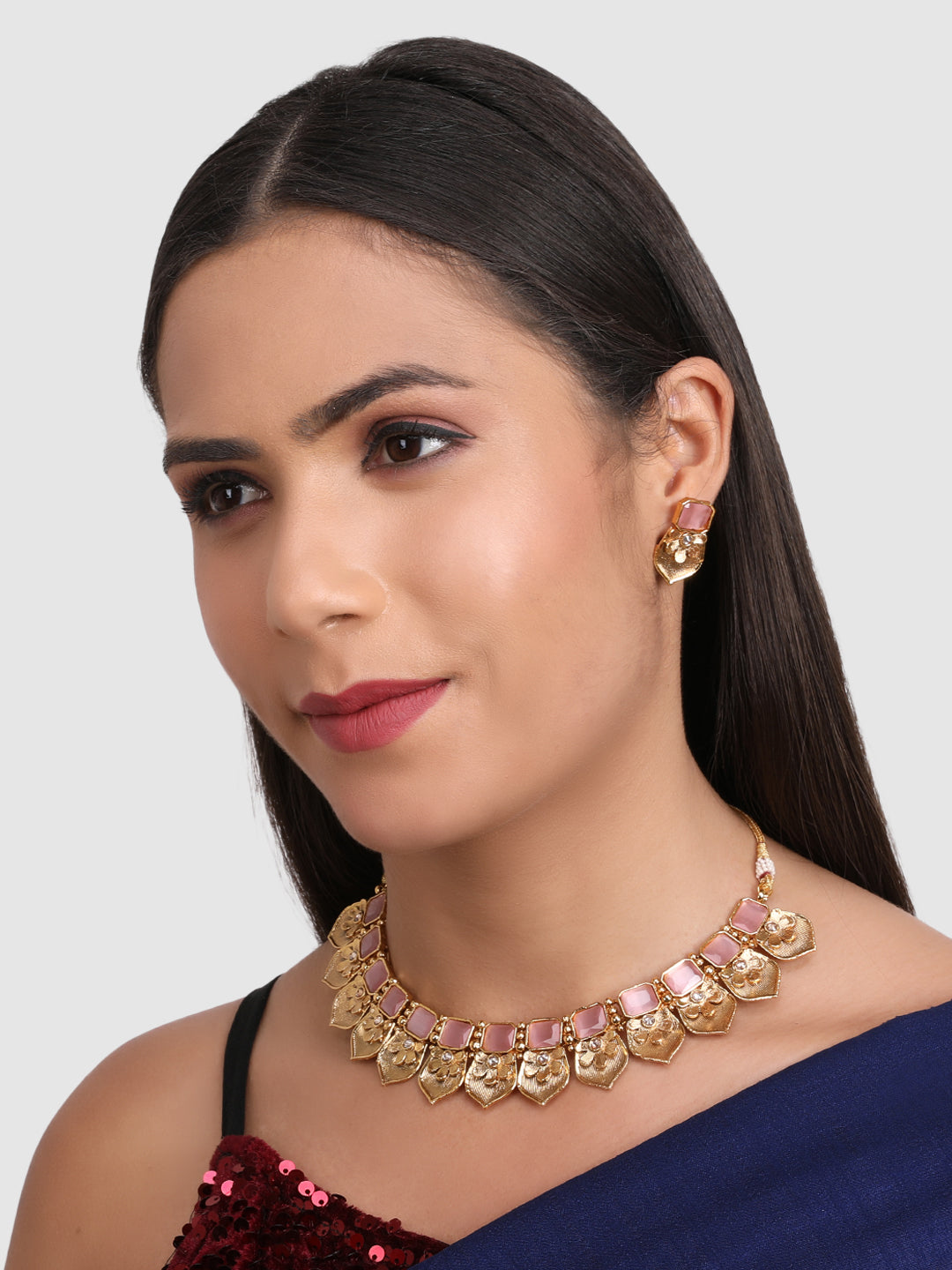 Gold-Plated Pink Stone Studded Choker Jewellery Set